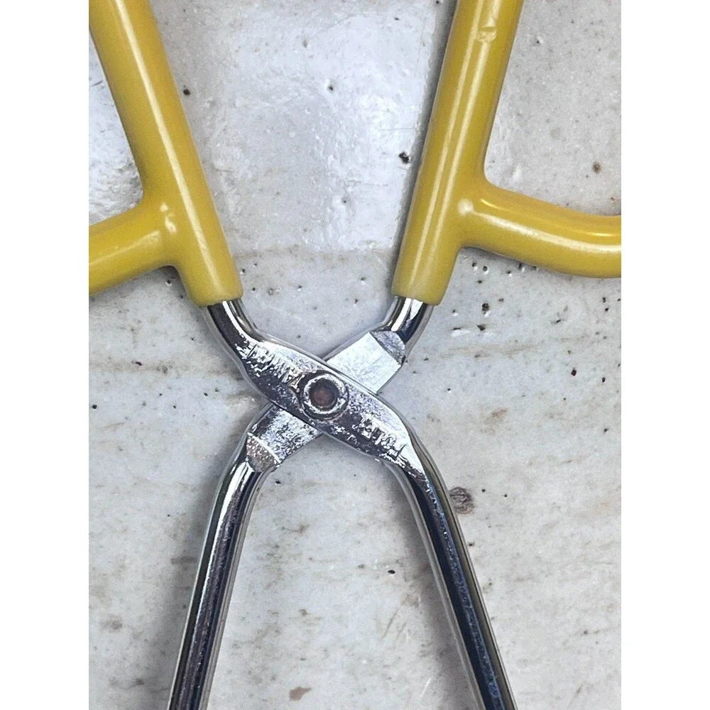 Vintage FOLEY Metal Kitchen Tongs Scissor Grip Yellow Rubber Handle Serving
